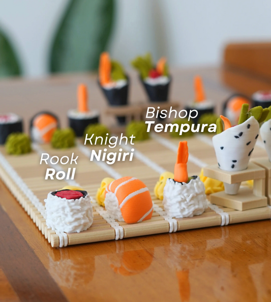 Board game with sushi-themed pieces on a wooden surface
