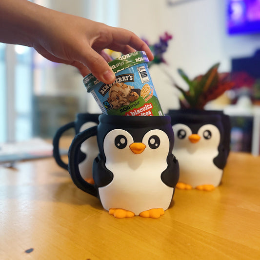 Penguin ice cream tub holder with side handle and insert for two spoons
