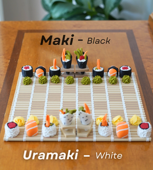 Model sushi display with 'Maki - Black' and 'Uramaki - White' text on a wooden surface.
