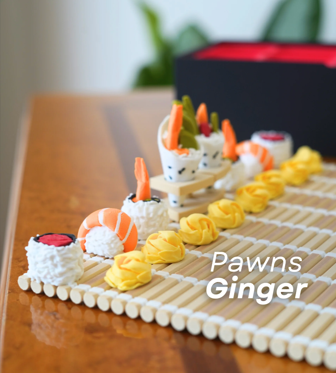 Model sushi set with ginger as pawns on a bamboo mat