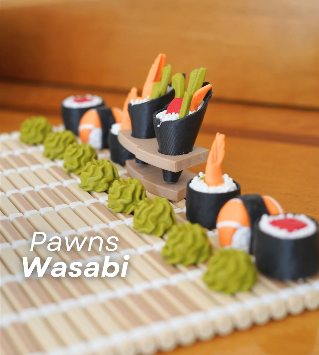 Model sushi set with wasabi as pawns on a wooden surface